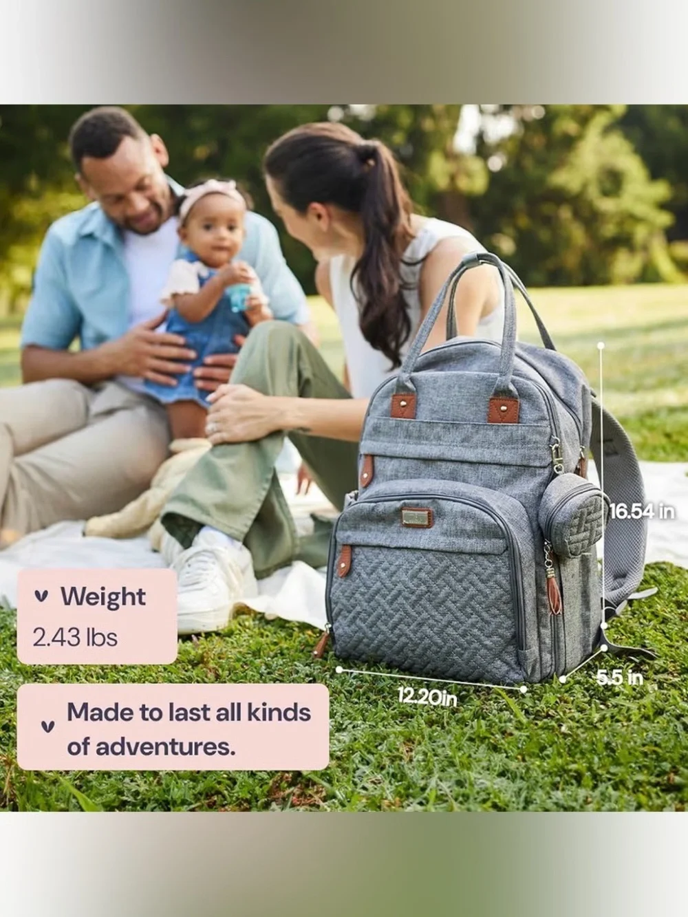 NWT - BabbleRoo - Gray Quilted Baby Diaper Backpack with Tan Accent Trim